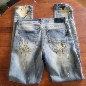 GFTD JEANS BUTTON FLY STRETCH DISTRESSED PAINT SPLASH  SZ 32 RHINESTONES SHOW